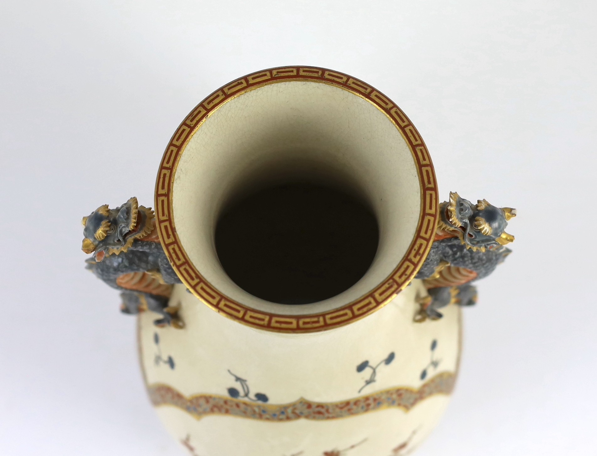 A large Japanese Satsuma pottery vase, late 19th century, 33.5cm, some damage to handles
